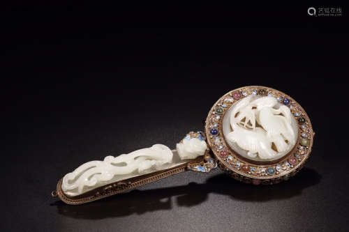 CHINESE CARVED JADE MIRROR DECORATED W/ SILVER