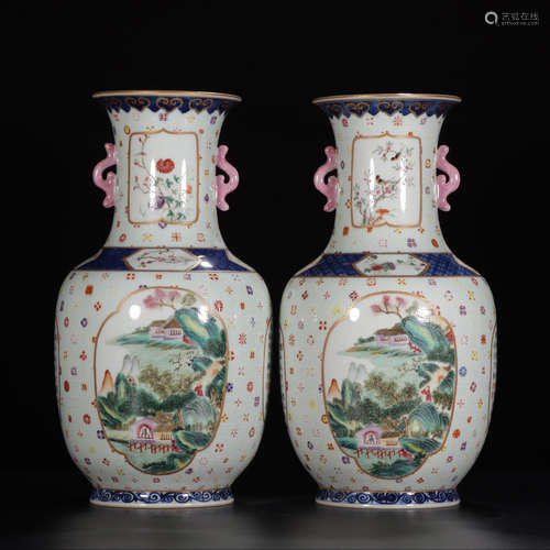 QIANLONG MARK, PAIR OF CHINESE GILT FAMILLE ROSE VASE