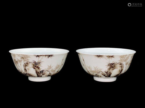 YONGZHENG MARK, PAIR OF CHINESE INK COLOR BOWL