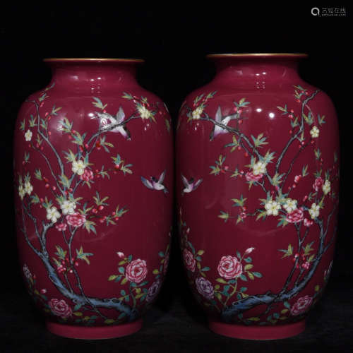 PAIR OF CHINESE RED GROUND FAMILLE ROSE VASE
