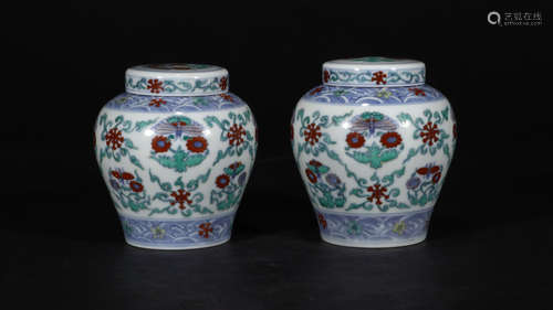 CHENGHUA MARK, PAIR OF CHINESE BLUE & WHITE DOUCAI JAR