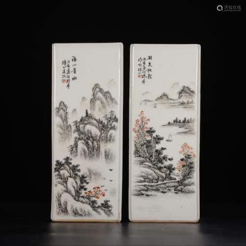 WANGYETING MARK, PAIR OF CHINESE INK COLOR SQUARED BRUSH POT