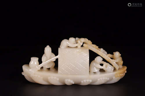 CHINESE CARVED HETIAN JADE BOAT