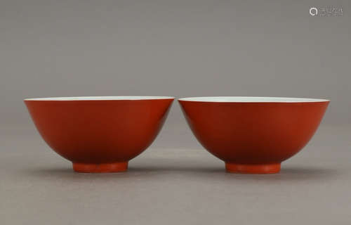 YONGZHENG MARK, PAIR OF CHINESE RED GLAZED CUP