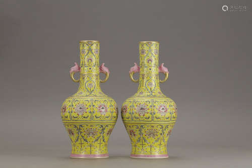 QIANLONG MARK, PAIR OF CHINESE YELLOW GROUND FAMILLE ROSE VASE