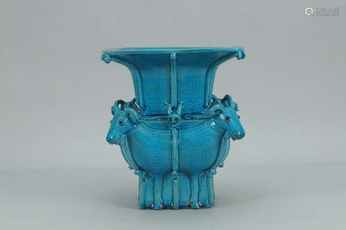 QIANLONG MARK, CHINESE BLUE GLAZED SQUAERD VASE