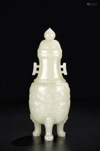 CHINESE CARVED HETIAN JADE VASE W/ COVER