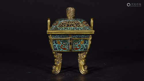 QIANLONG MARK, CHINESE CLOISONNE SQUARED CENSER