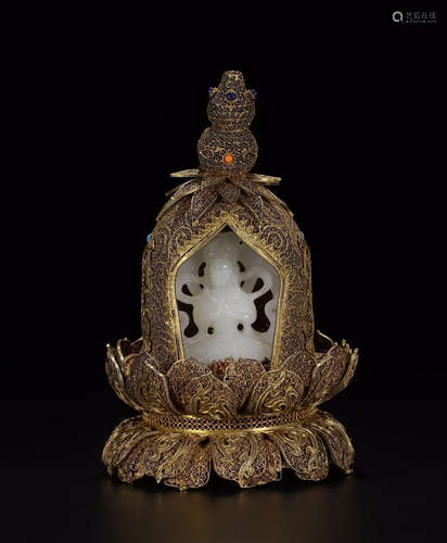 CHINESE SILVER GOLD ORNAMENT W/ A JADE BUDDHA