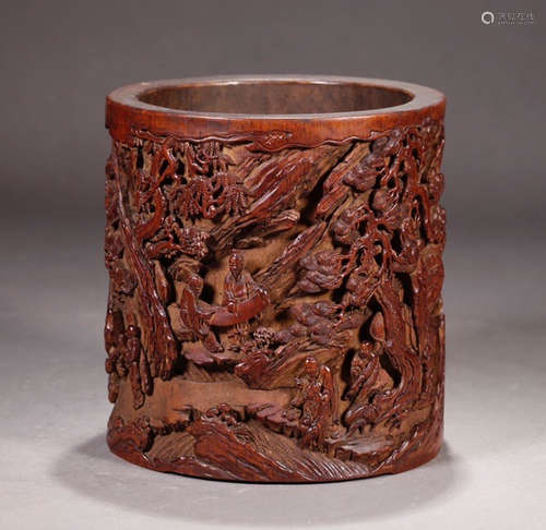 GUYU MARK, CHINESE CARVED WOOD BRUSH POT