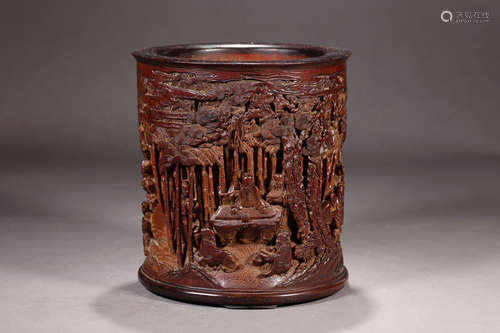 CHINESE CARVED WOOD BRUSH POT