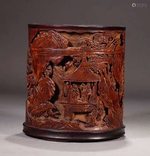 CHINESE CARVED WOOD BRUSH POT