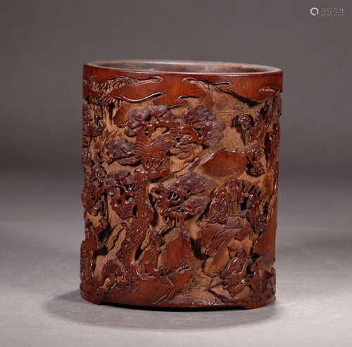 CHINESE CARVED WOOD BRUSH POT