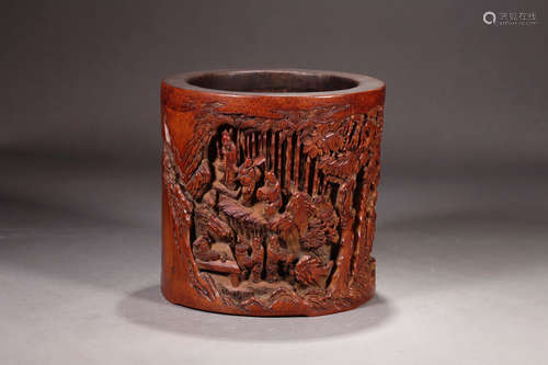 ZHIPAN MARK, CHINESE CARVED WODD BRUSH POT