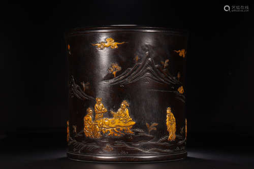 CHINESE CARVED WOOD BRUSH POT