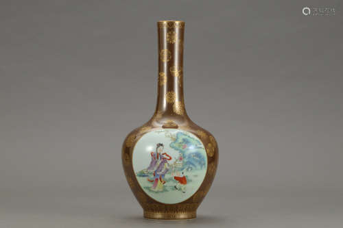 QIANLONG MARK, CHINESE GILT PURPLE GLAZED FAMILLE ROSE VASE