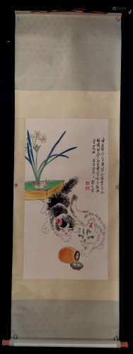 孙菊生 猫戏图 立轴A Chinese Cat Painting Scroll, Sun Jusheng Mark