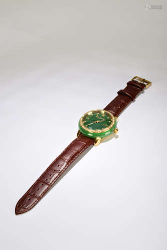 和田碧玉西铁城石英男手表A Chinese Men's Green Hetian Jade quartz Watch