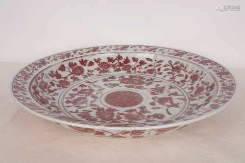 洪武釉里红缠枝橘大盘A Chinese Underglazed Red Floral  Twine Pattern Porcelain Plate