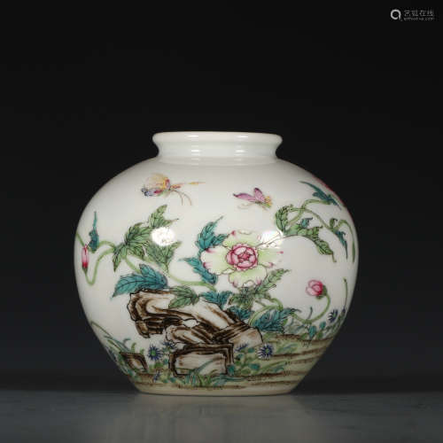 清乾隆年制款   珐琅彩花卉诗文水盂A Chinese Enamel Floral Inscribed Porcelain Vase