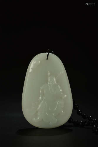 和田白玉关公牌A Chinese Carved Hetian Jade Pendant
