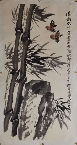 诸乐三  鸟画镜芯A Chinese Bamboo&bird Painting , Zhu Yuesan Mark