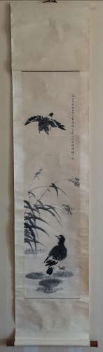 江寒汀 鸟 立轴A Chinese Bird Painting Scroll, Jiang Hanting Mark