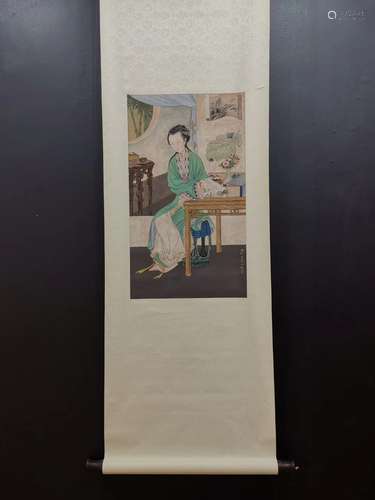 A Chinese Figure Painting Silk Scroll, Leng Mei Mark