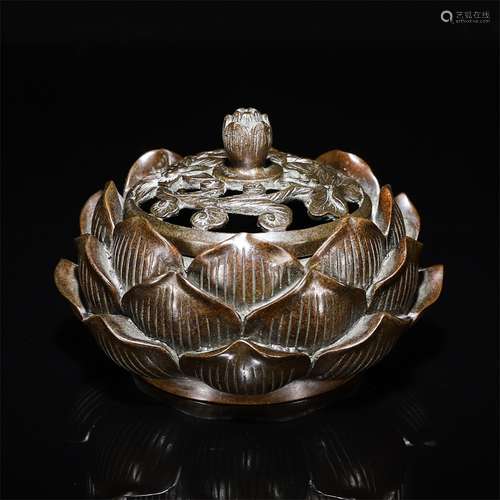 A Chinese Lotus Hollow Out Red Copper Censer