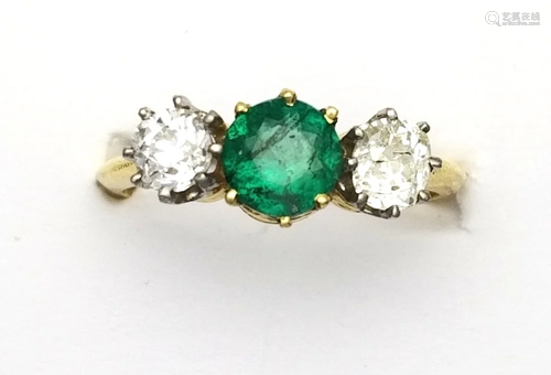 Antique Diamond & Natural Emerald 3 Stone R…