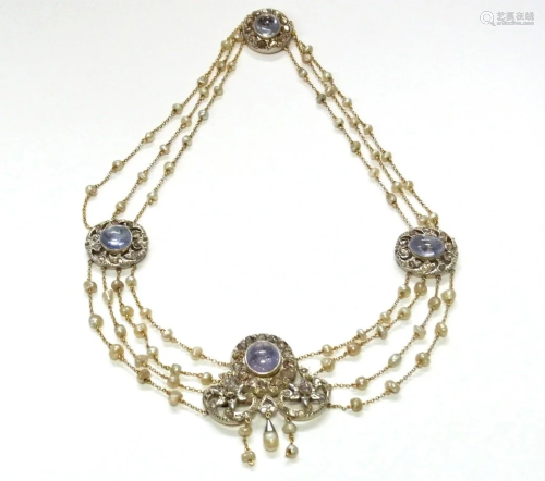 ca. 1860s Sapphire Diamond 18K Silver Pearl …
