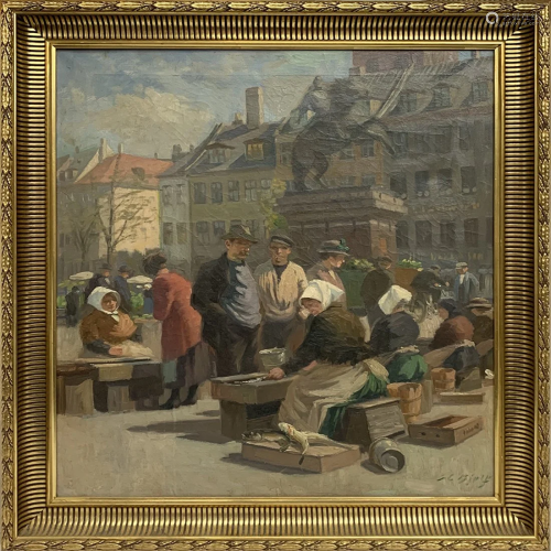 Soeren Christian Bjulf Market Place Scene Painting