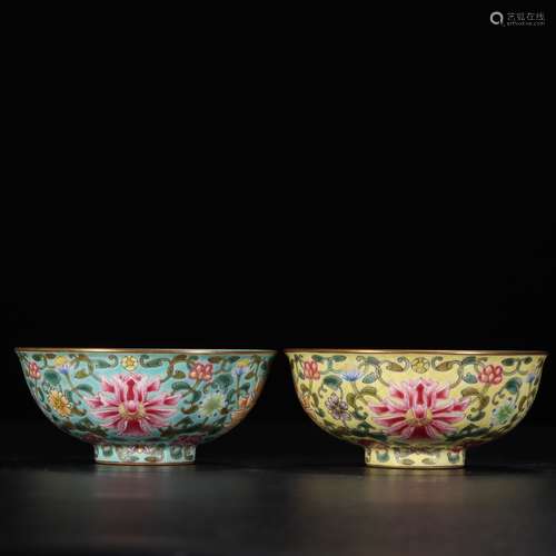 A Pair of Chinese Yellow Famille Rose Floral Porcelain Cups