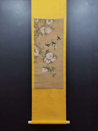A Chinese Peach Painting Silk Scroll, Wang Yuan Mark