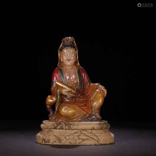 A Chinese Shoushan Stone Guanyin Statue Ornament