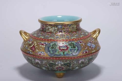 A Chinese Famille Rose Gilt Floral Porcelain Incense Burner