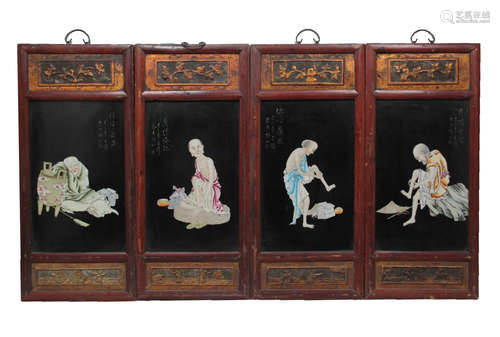 4 Chinese Famille Rose Porcelain Painting Screens