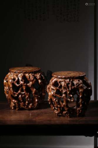 A Pair of Chinese Carved Boxwood pedestals