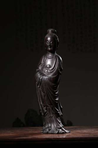 A Chinese Lobular Red Sandalwood Guanyin Statue