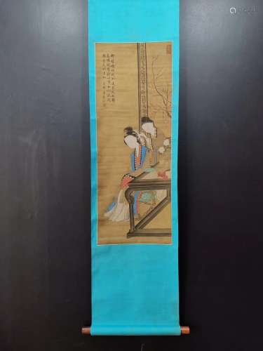 A Chinese Figure Painting Silk Scroll, Tnag Yin Mark