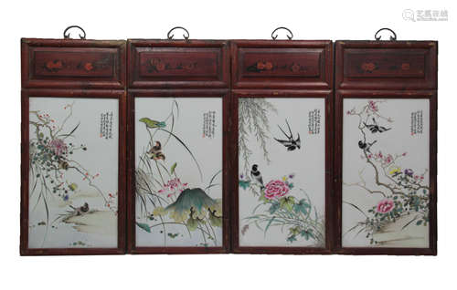 4pcs Chinese Famille Rose Flower&Bird Pattern Porcelain Painting Screens