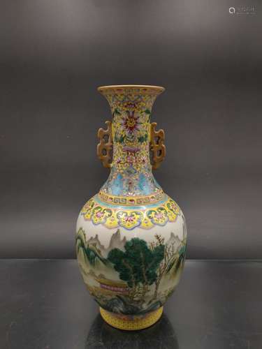 A Chinese Famille Rose Landscape Porcelain Vase