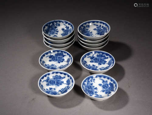 A set of Chinese Blue and White Floral Porcelain saucers