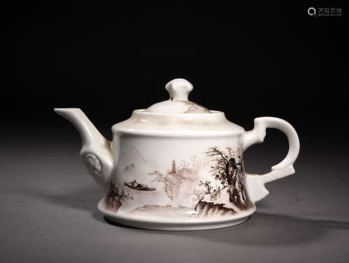 A Chinese Ink Colored Landscape Inscribed Porcelain Ewer