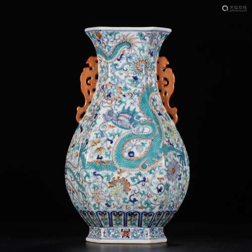 A Chinese Doucai Iron Red Floral Porcelain Hexagon Vase