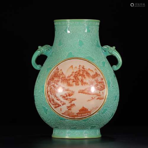 A Chinese Stone Grain Glazed Iron Red Gild Landscape Porcelain Zun