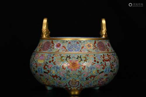 A Chinese Enamel Cloisonne Gild Three-legged Incense Burner