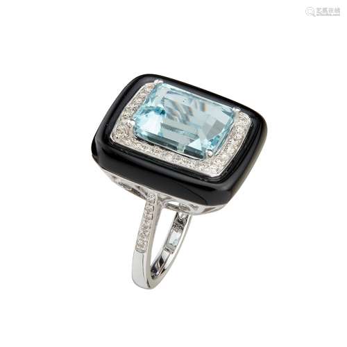 An aquamarine, diamond and onyx set cocktail ring