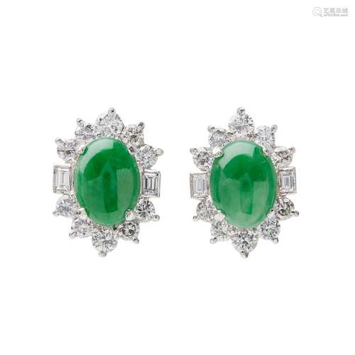 A pair of jade and diamond set cluster earrings