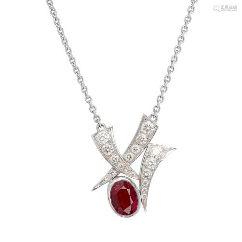 A 18ct gold ruby and diamond set pendant necklace